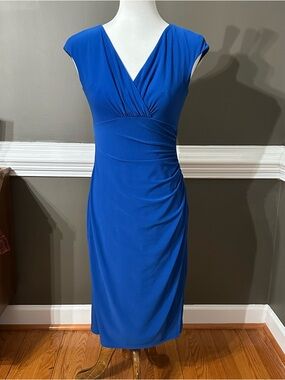 Ralph Lauren Cobalt Blue Cap-Sleeve Faux-Wrap Midi Dress